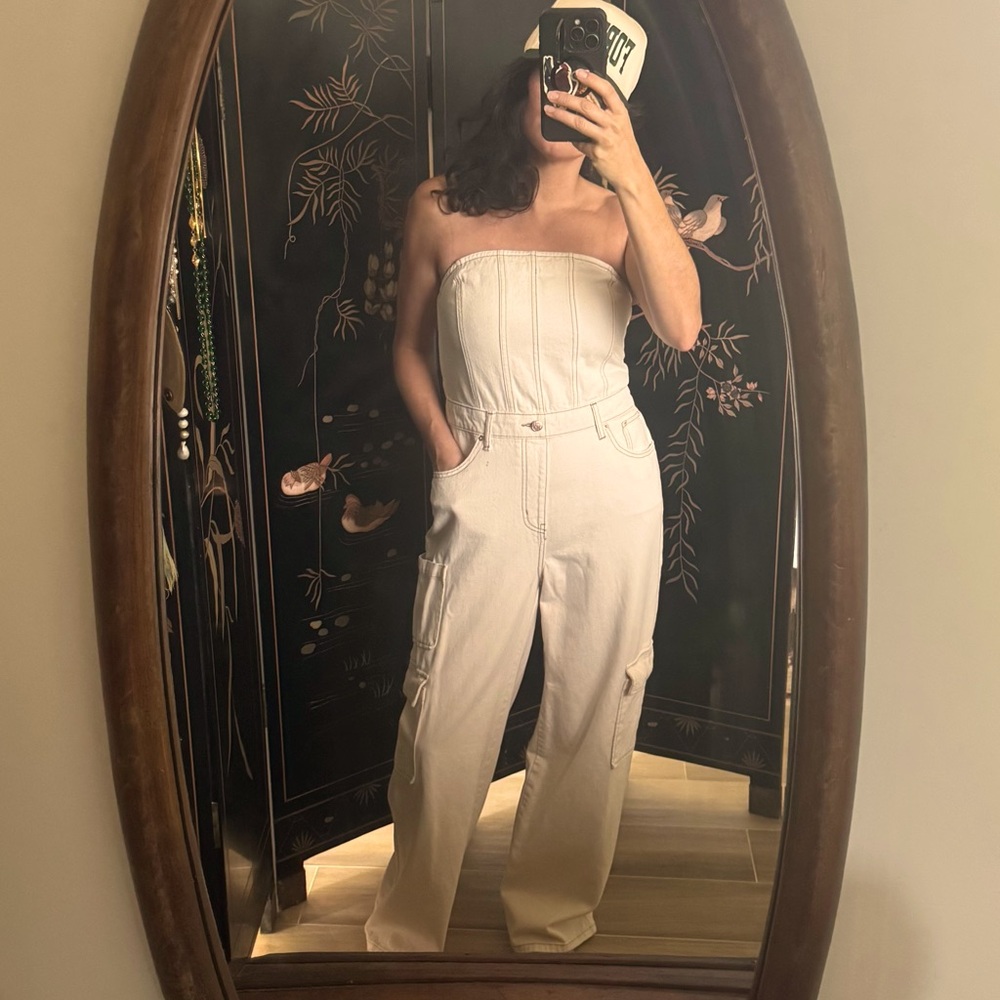 Tube Top Cargo Denim Jumpsuit